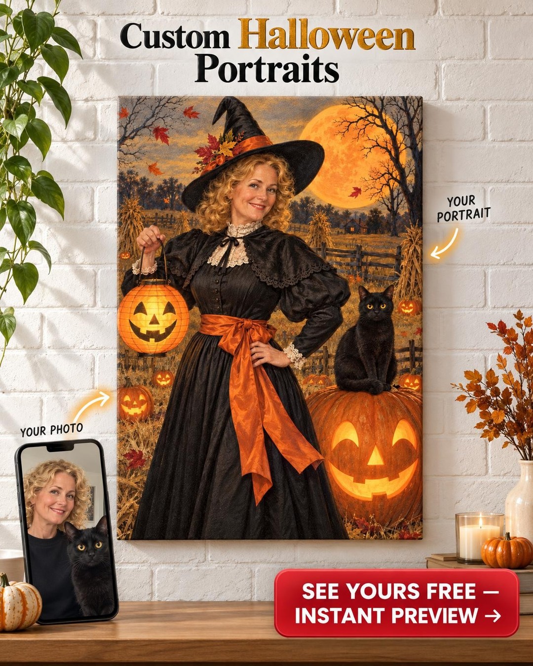 Vintage Halloween Witch Custom Portrait from Photo | Personalized Witch Portrait Gift