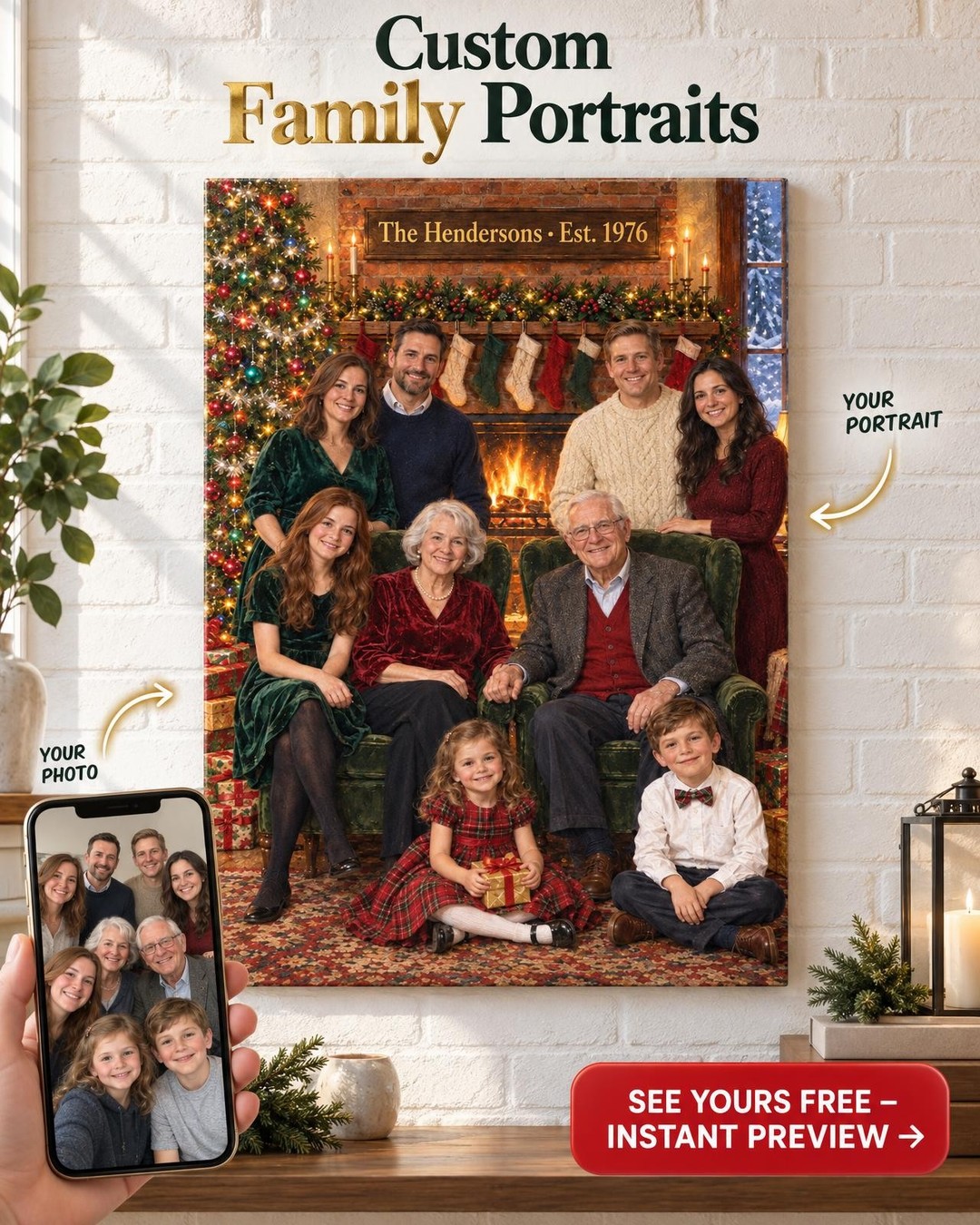 Our Name Above the Mantel Family Custom Portrait from Photos | Personalized Christmas Gift for Parents