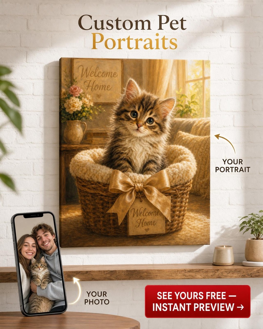 Welcome New Kitten Home Portrait — AI-regenerated portrait personalized with nam