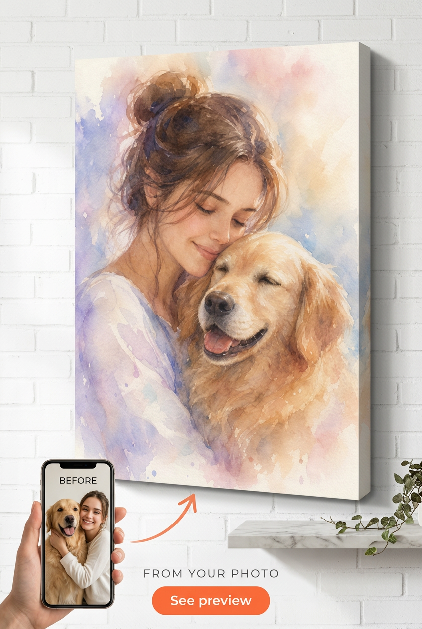 Custom Watercolor Woman & Dog Portrait — Serene Canvas from Photo