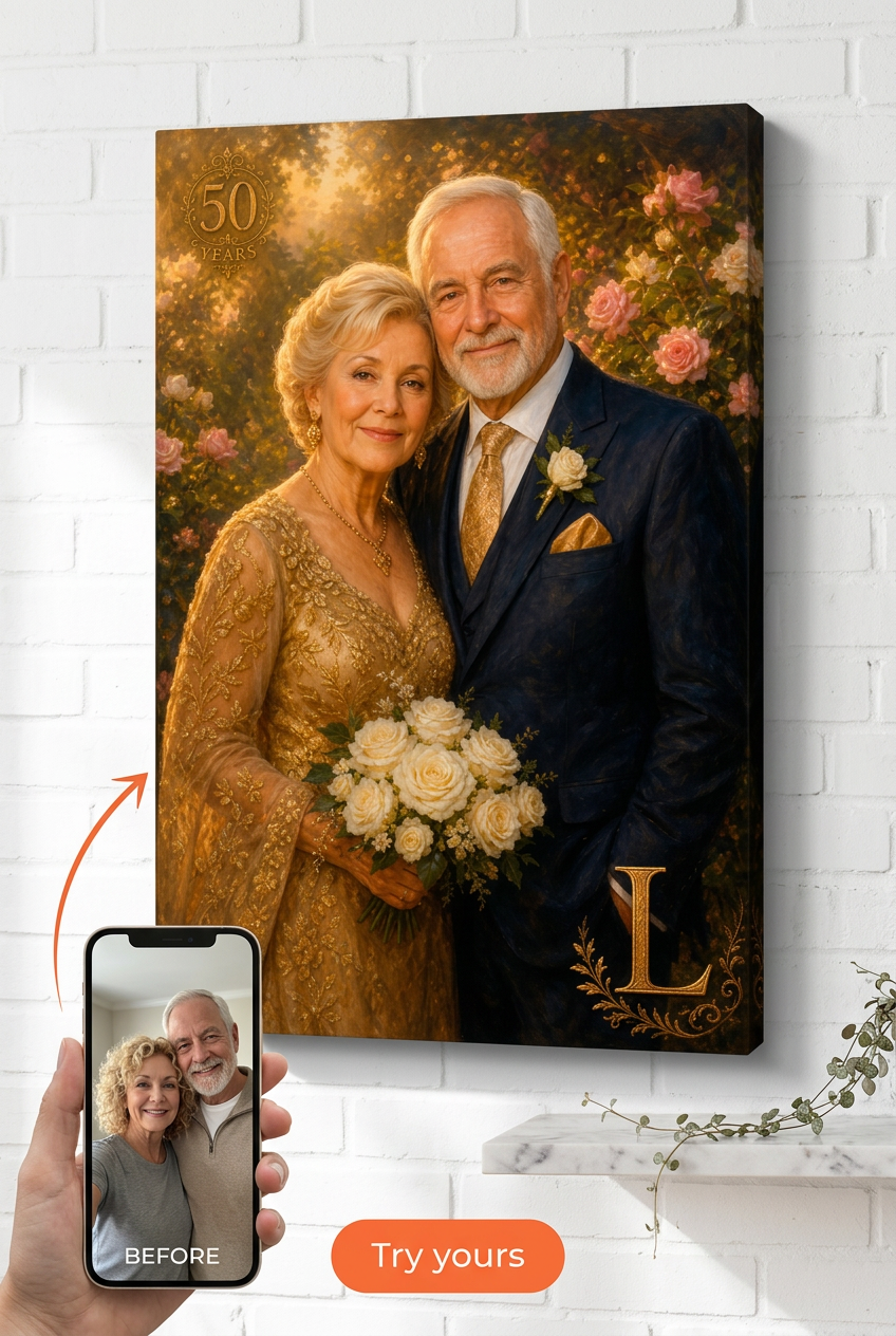 Custom Anniversary Couple Portrait — Romantic Rose Canvas from Photo