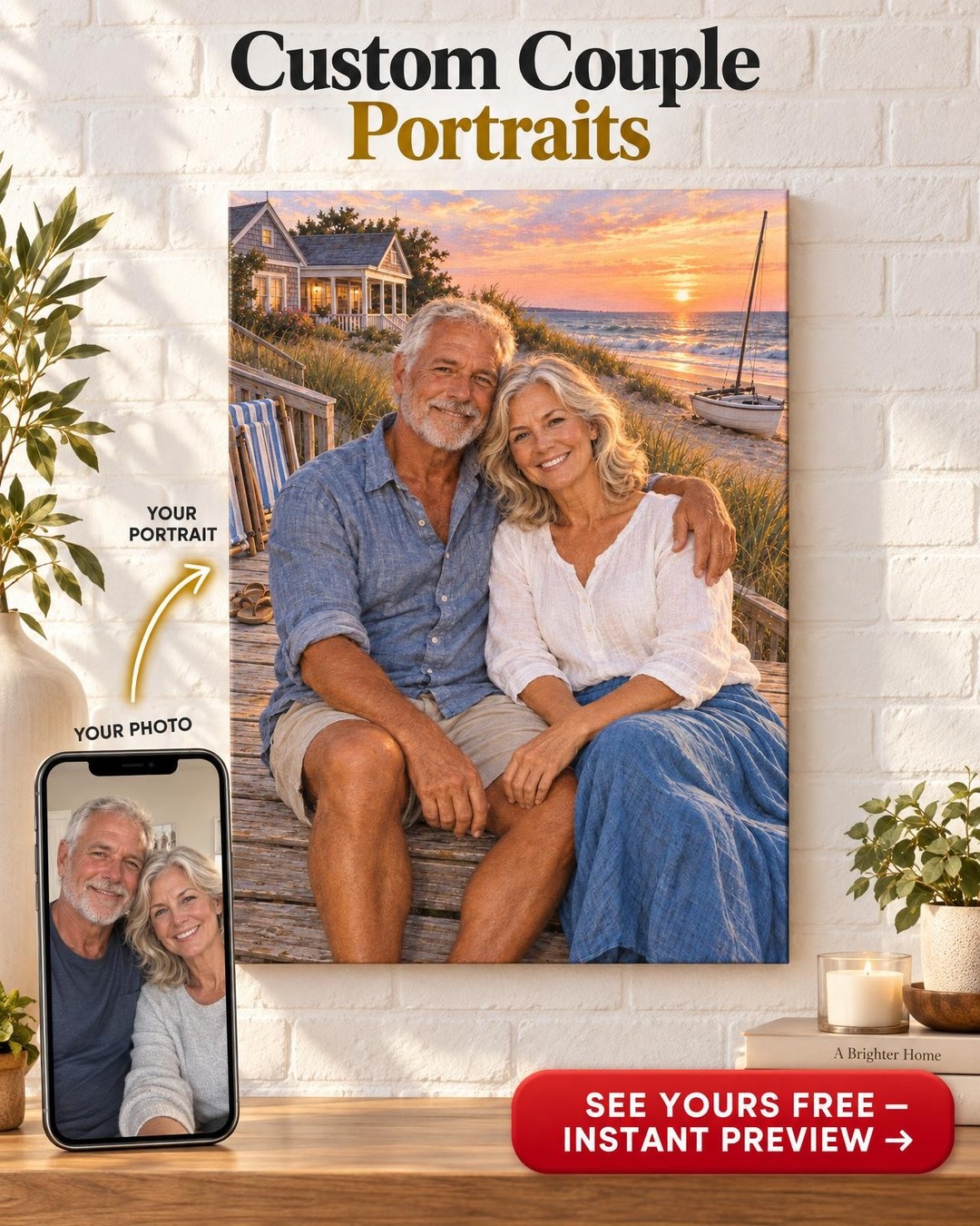 Beach House Couple Custom Portrait from Photo | Personalized Lake Life Gift