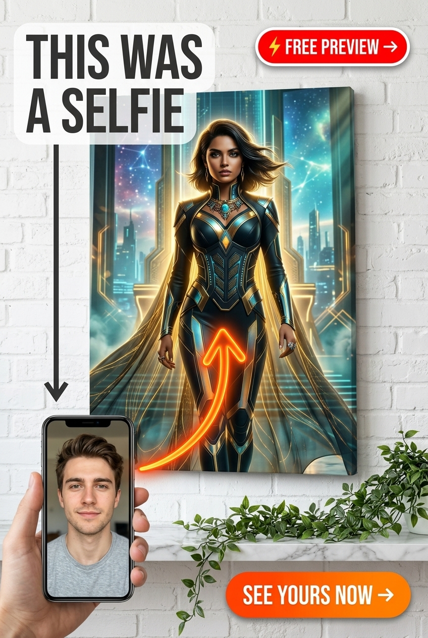 Custom Superhero Man Portrait — Heroic City Skyline Canvas