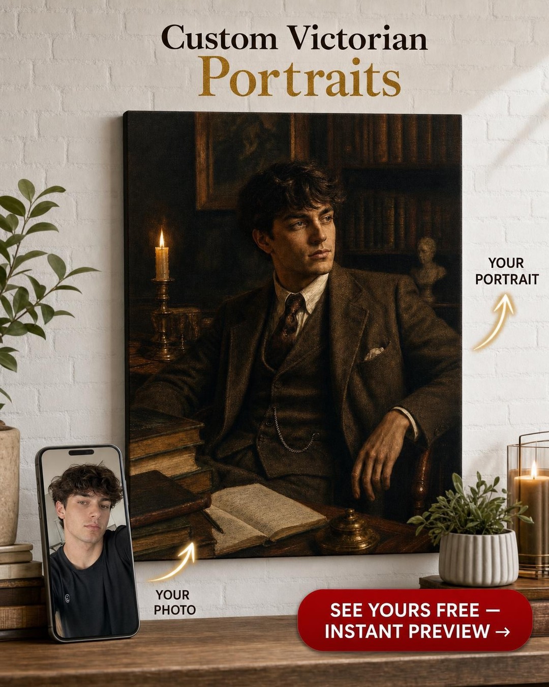 Candlelit Study Dark Academia Custom Portrait from Photo | Personalized Canvas Gift