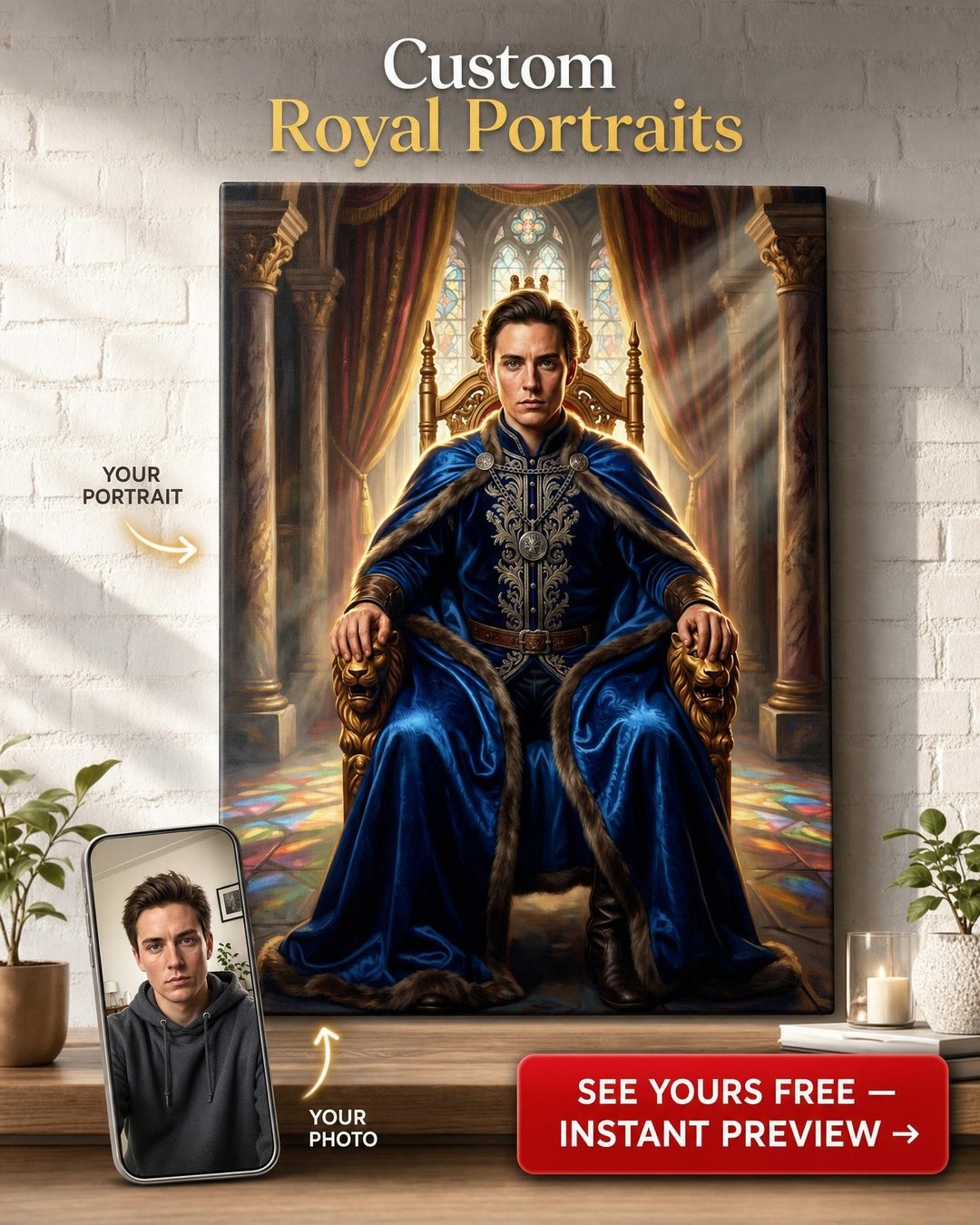 Custom Royal Man Portrait — Regal Throne Canvas from Photo
