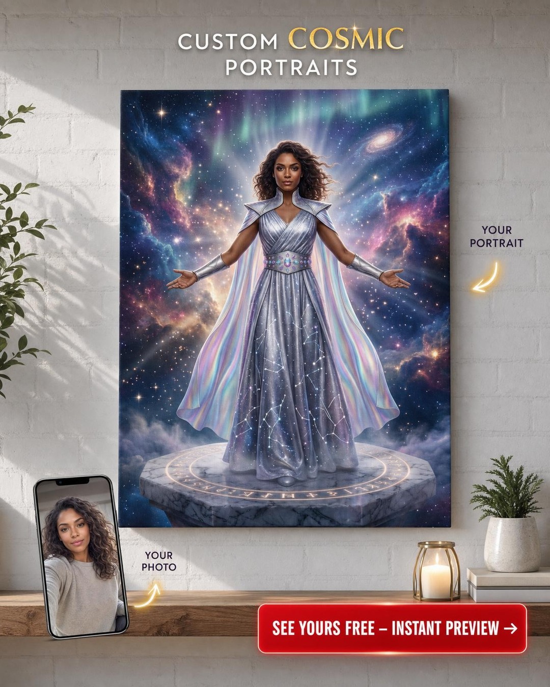 Custom Fantasy Woman Portrait — Heroic Cosmic Canvas from Photo