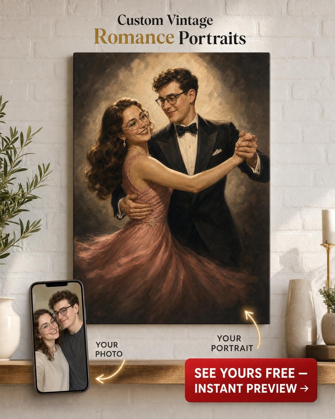Custom 1940s Hollywood Dance Floor Couple Portrait — AI-regenerated portrait per