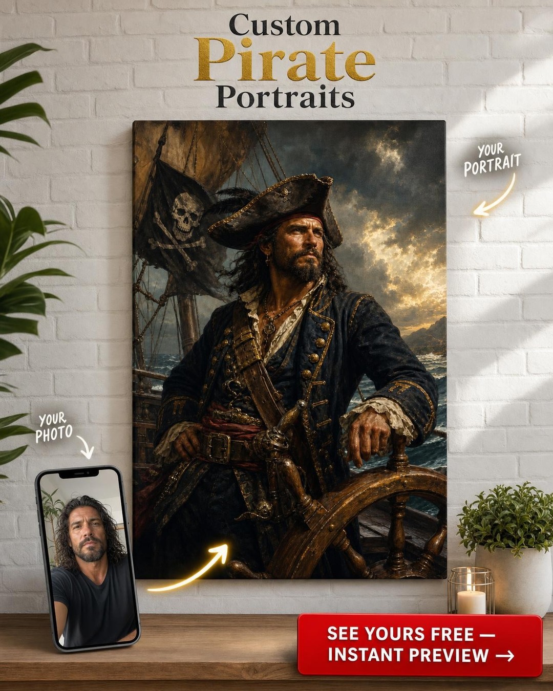 Pirate Captain Custom Portrait from Photo | Personalized For Him Gift