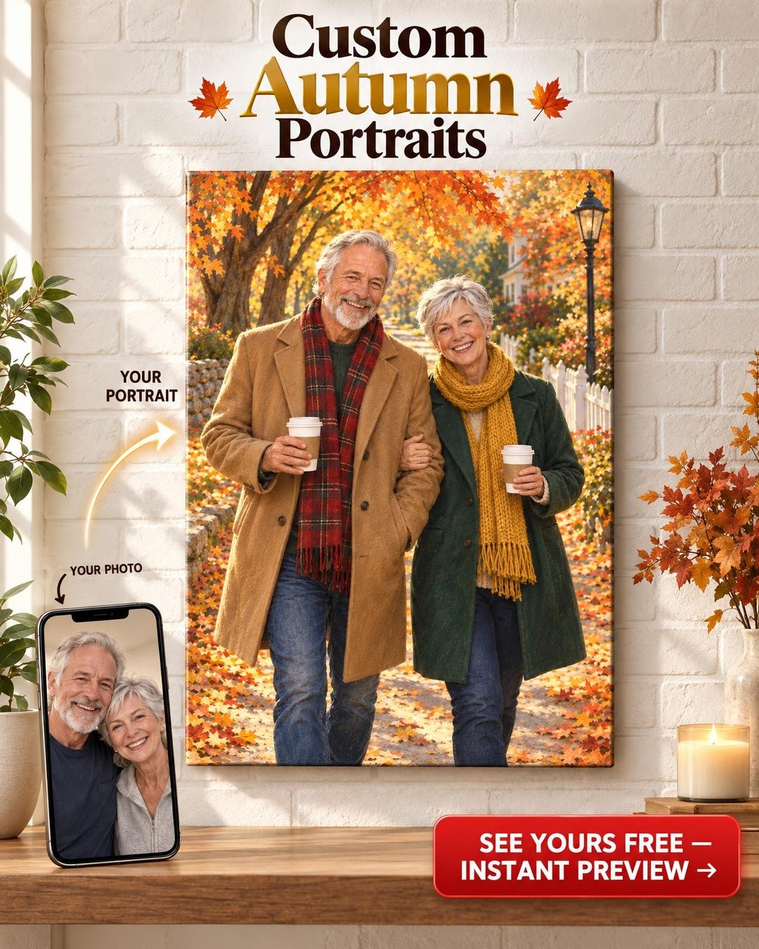 Autumn Coffee Walk Couple Custom Portrait from Photo | Personalized Coffee House Gift