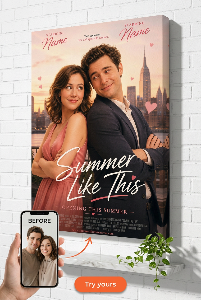 Custom Movie Poster Couple Portrait — Romantic Summer Vibes Canvas from Photo