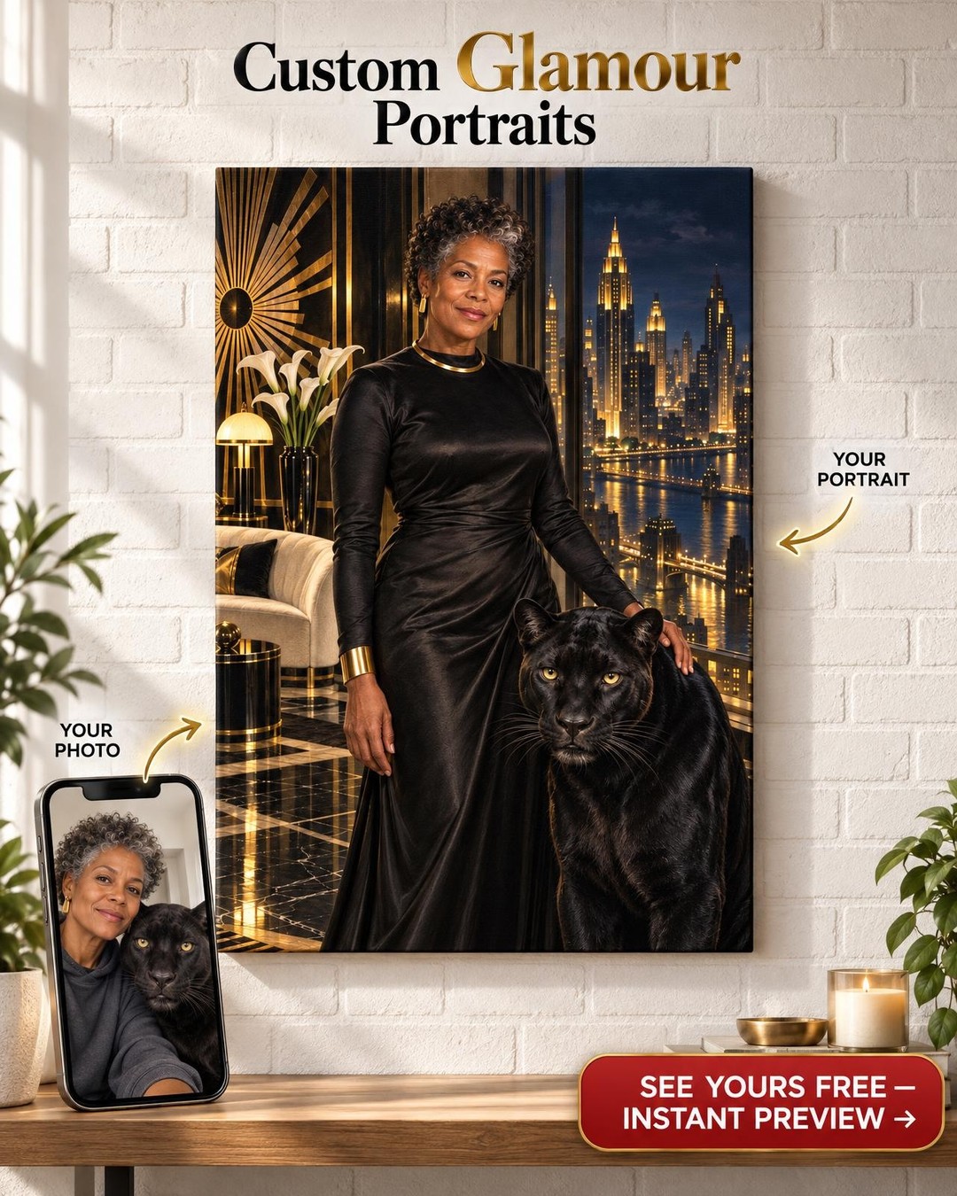 Art Deco Penthouse Panther Custom Portrait from Photo | Personalized Panther Portrait Gift