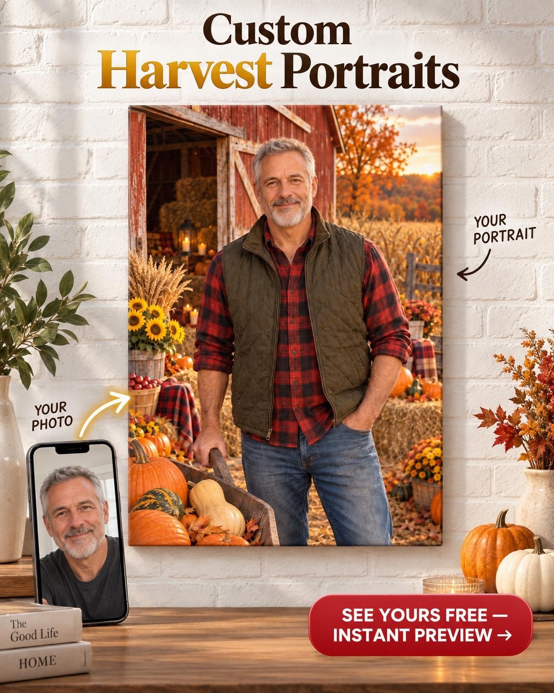 Custom Fall Portrait for Him — Red Barn Harvest Canvas from Photo
