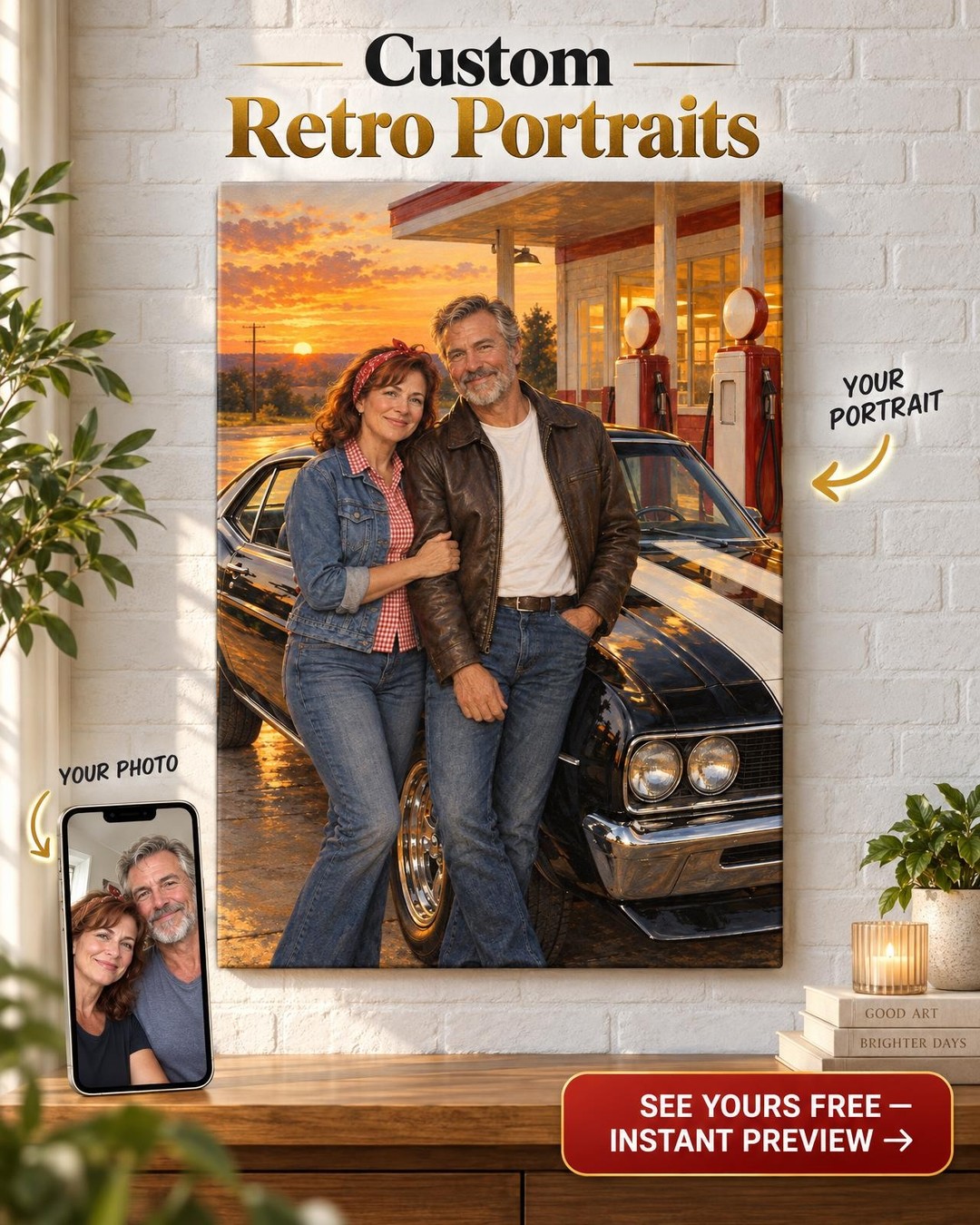 Muscle Car Couple Custom Portrait from Photo | Personalized Classic Car Gift