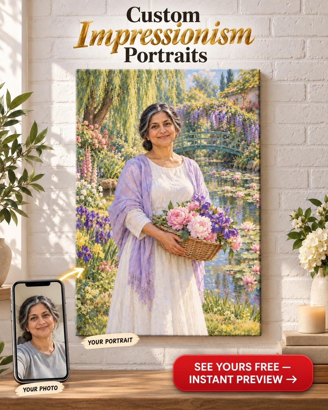Impressionist Water Garden Custom Portrait | Personalized Gardener Gift