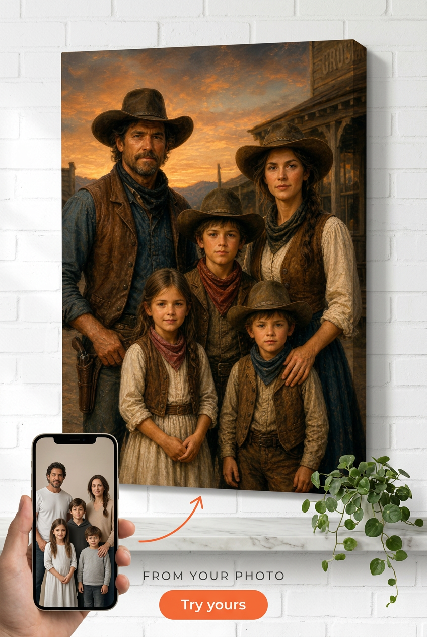 Custom Cowboy Family Portrait — Nostalgic Western Canvas from Photo