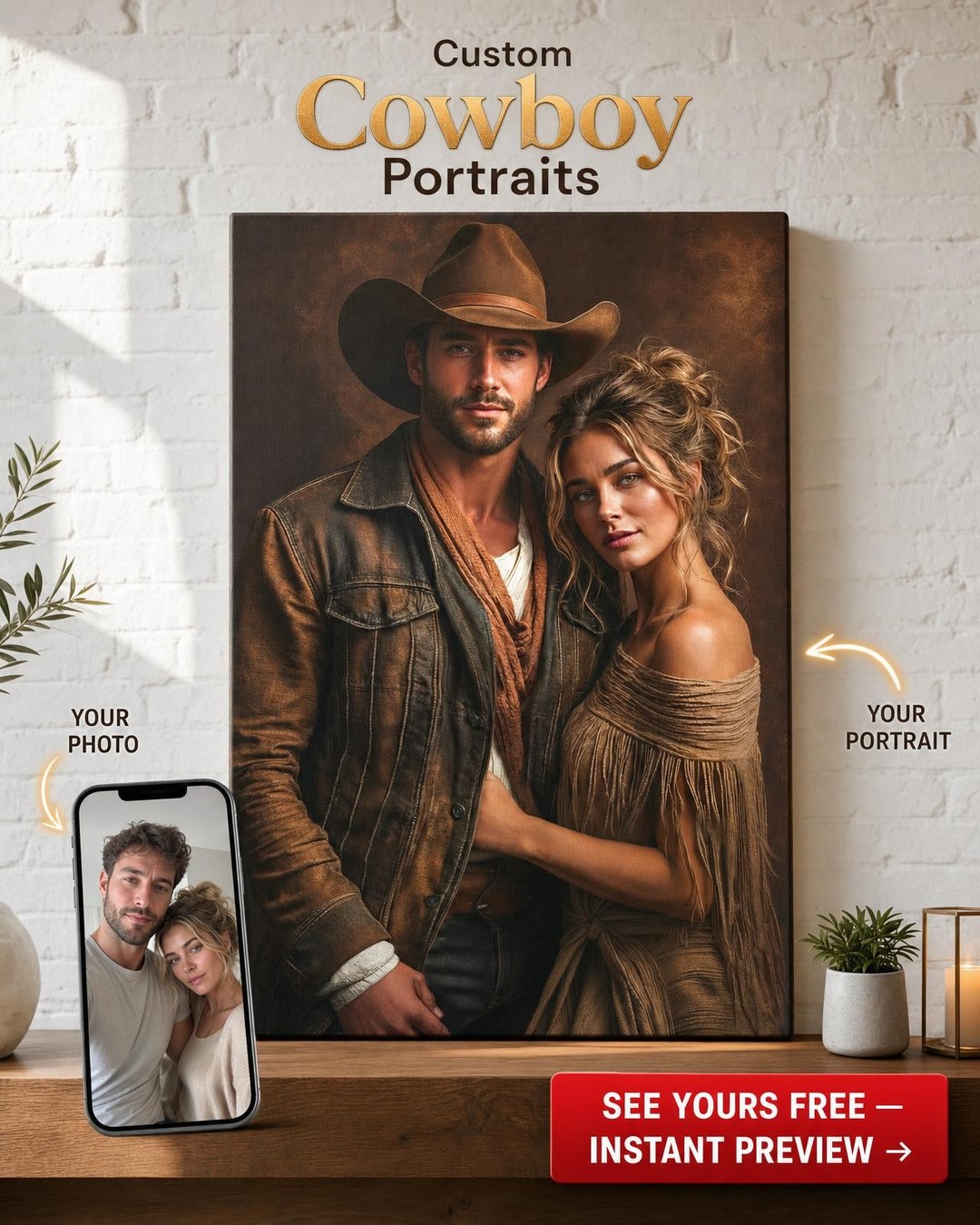 Custom Cowboy Couple Portrait — Romantic Western Canvas