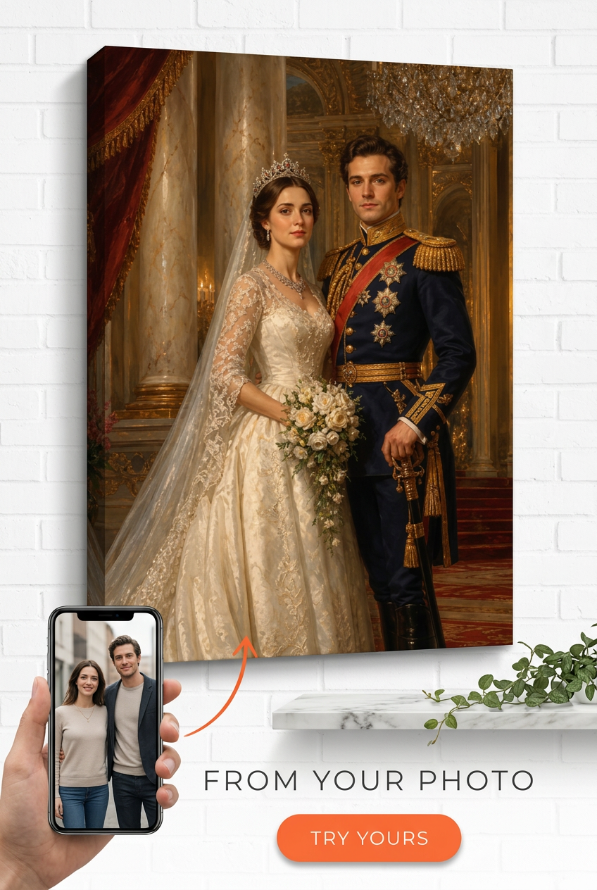 Custom Royal Couple Portrait — Romantic Wedding Canvas from Photo