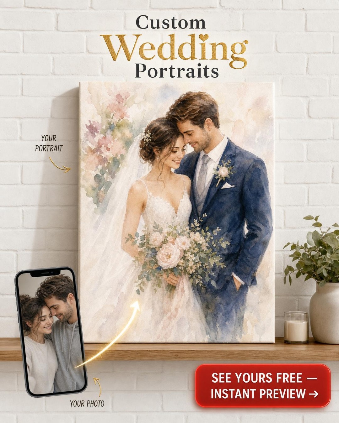 Watercolor Wedding Portrait Custom Portrait from Photo | Personalized Canvas Gift