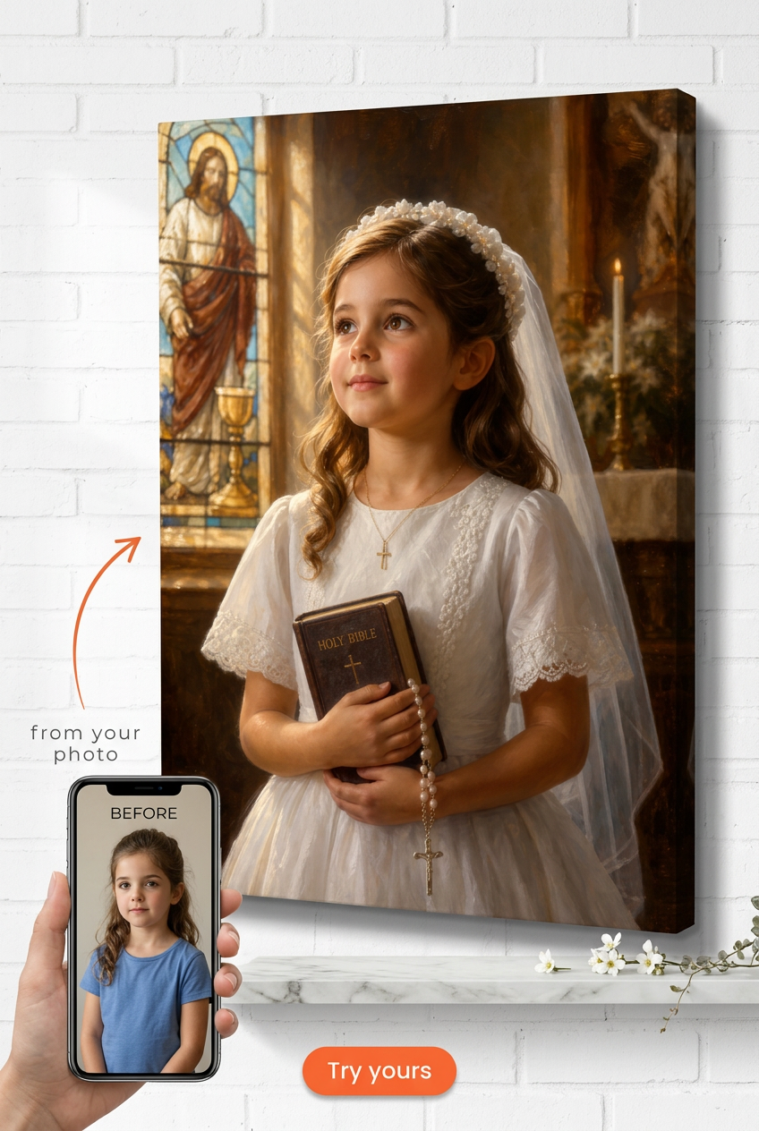 Custom Religious Girl Portrait — Serene First Communion Canvas
