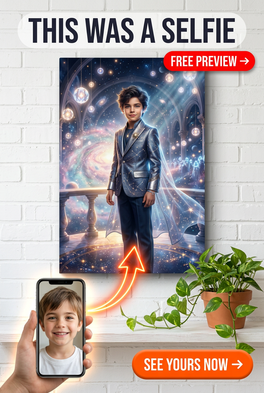 Custom Fantasy Boy Portrait — Cosmic Suit Canvas with Stars
