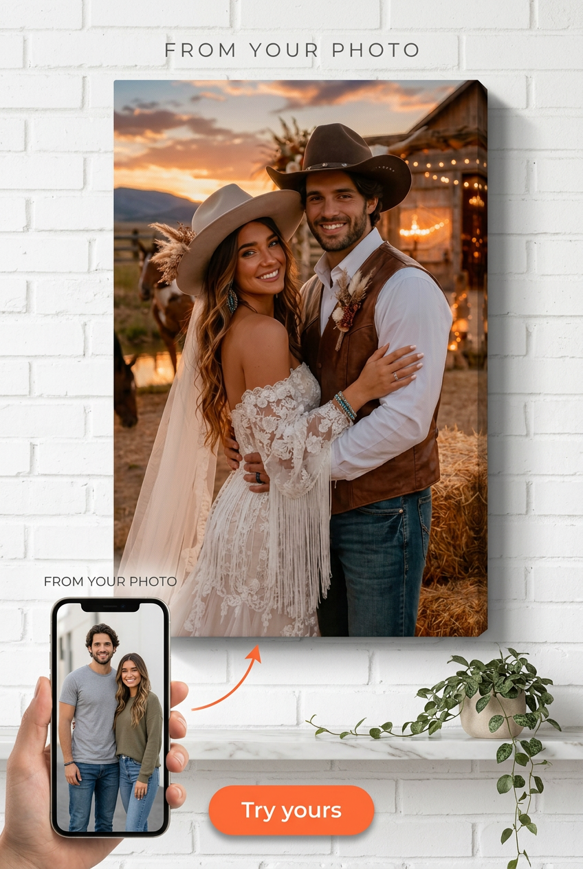 Custom Rustic Western Couple Portrait | Personalized Canvas Gift
