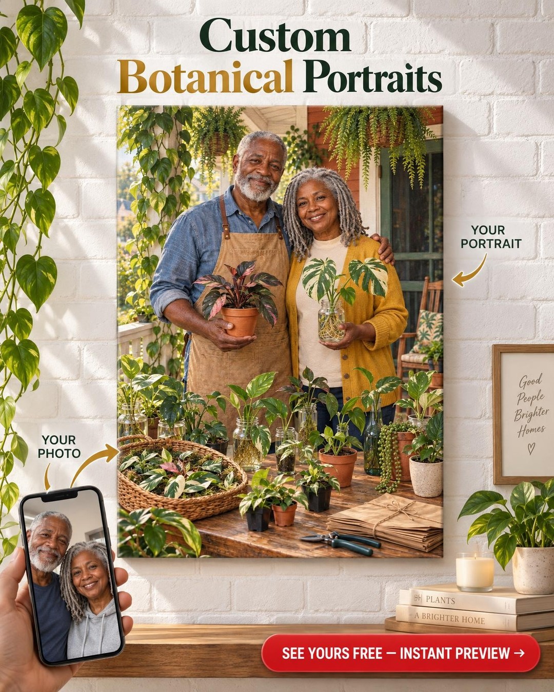 Plant Swap Morning Couple Custom Portrait from Photo | Personalized Houseplants Portrait Gift