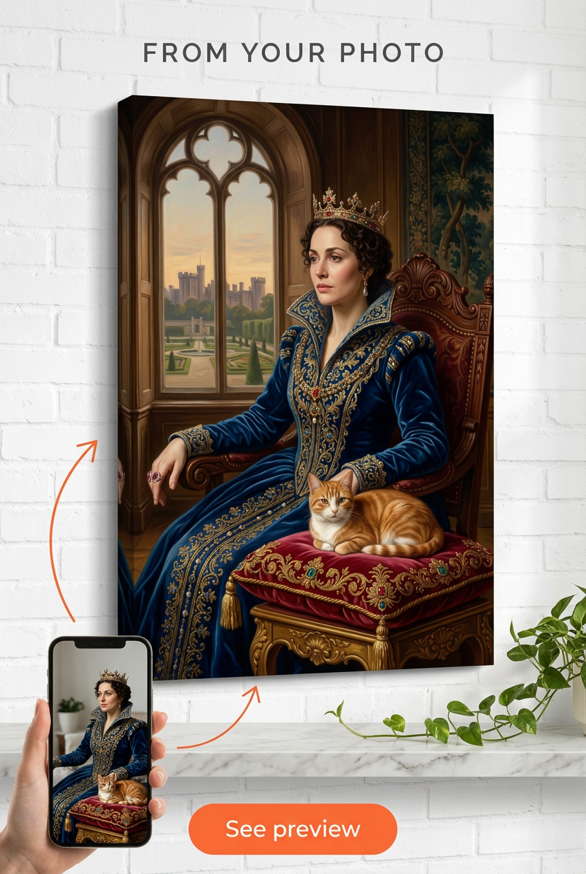 Custom Royal Woman Portrait — Regal Crown & Cat Canvas