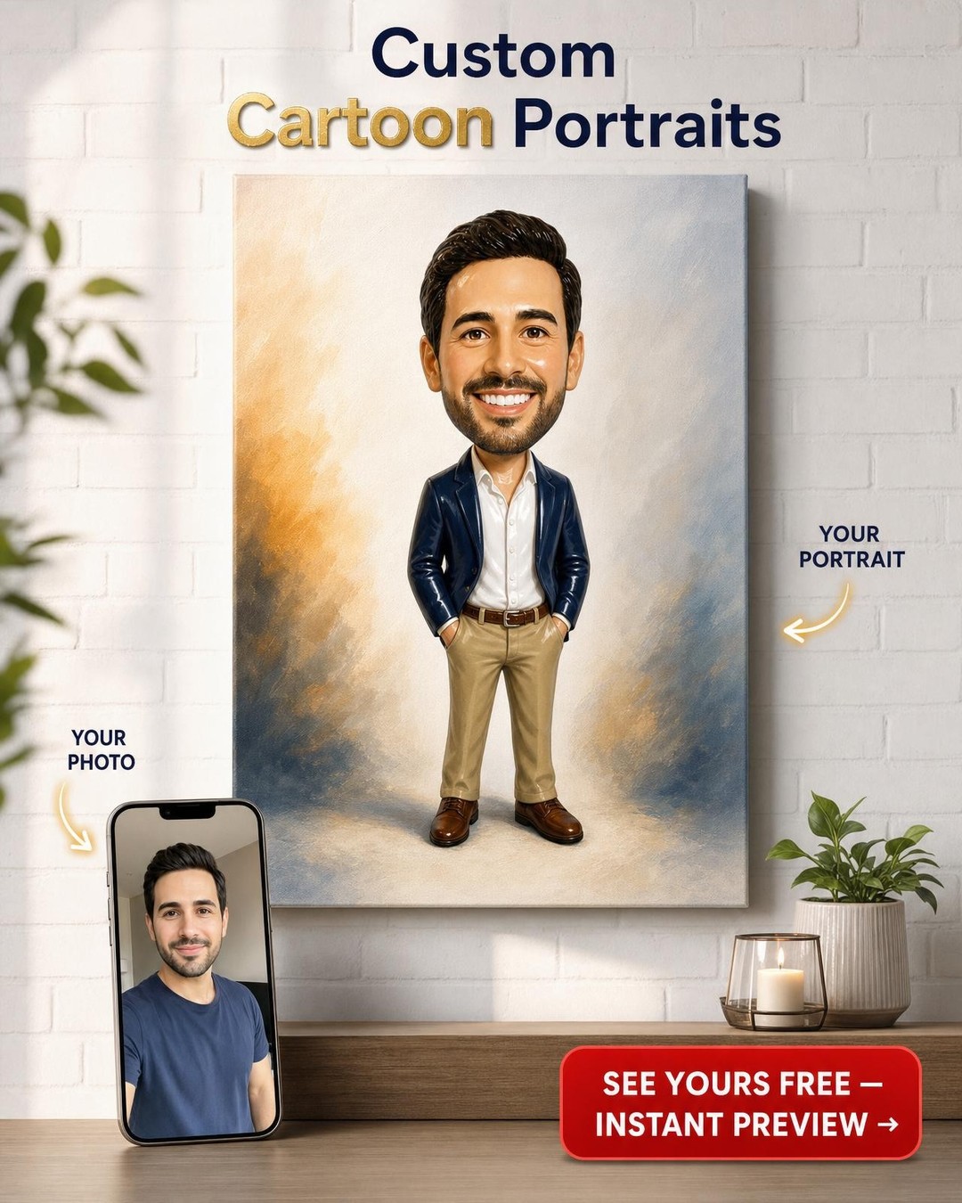 Custom Bobblehead Portrait for Man — Whimsical Canvas Gift