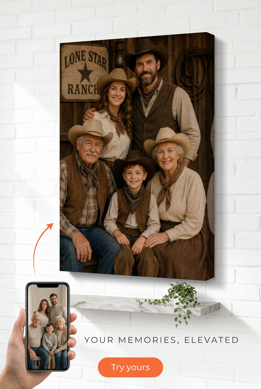 Custom Cowboy Family Portrait — Festive Ranch Canvas from Photo