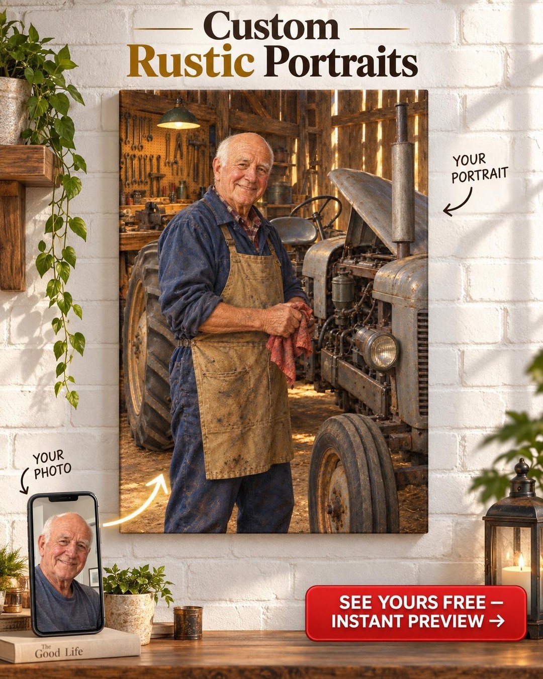 Grandpa in Barn Workshop Custom Portrait from Photo | Personalized Family Farm Gift