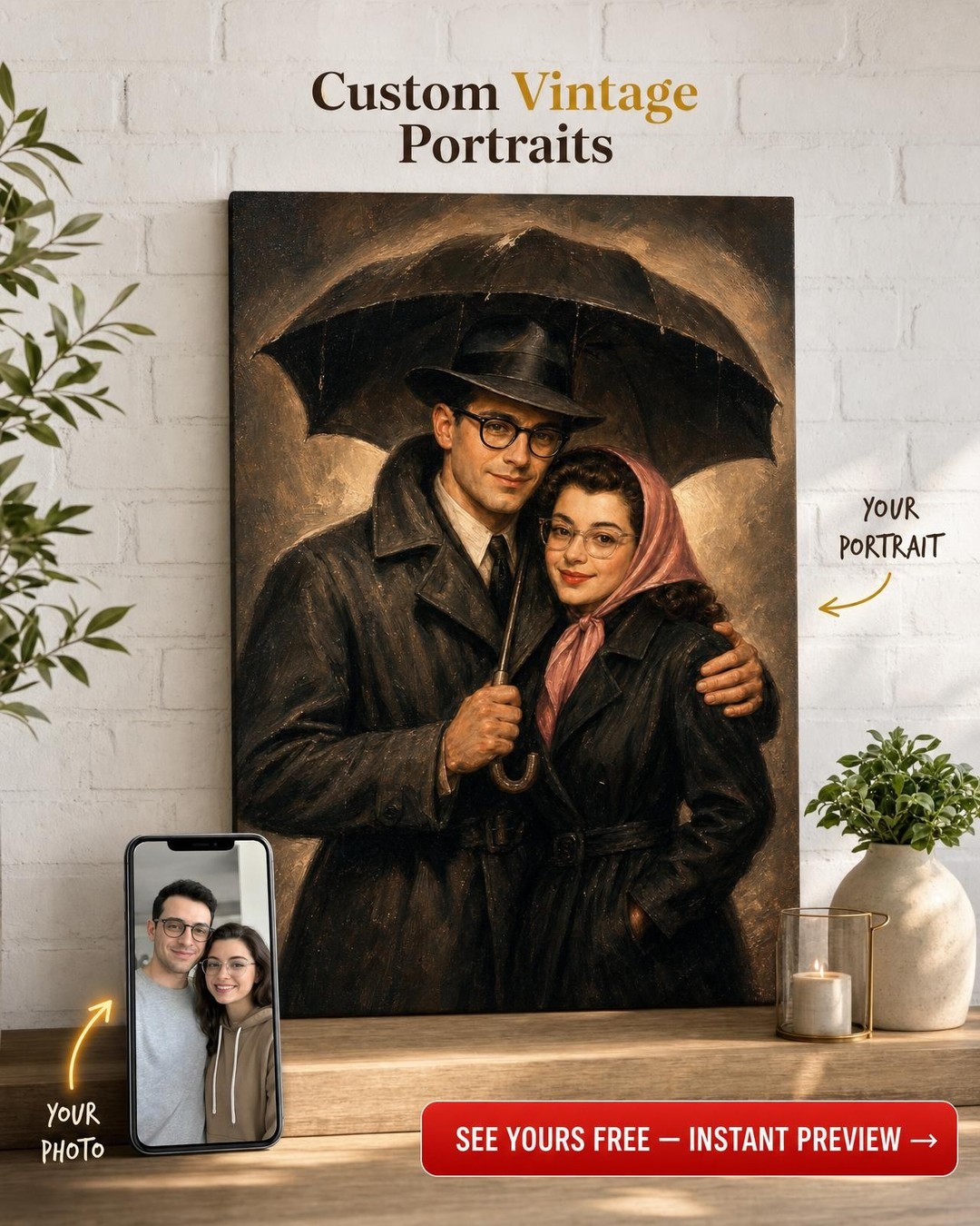 Custom 1940s Hollywood Rainy Noir Couple Portrait from Photo | Personalized Canvas Gift