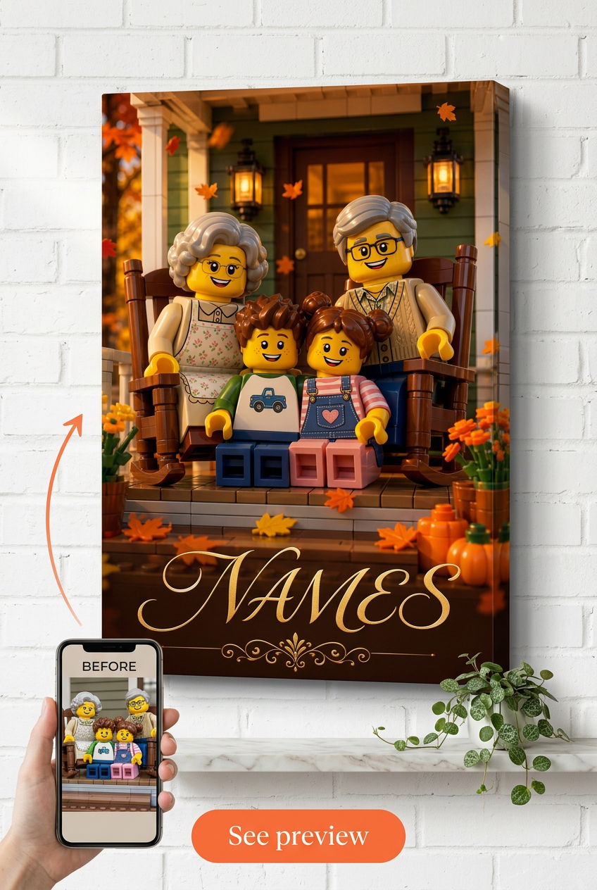 Custom Brick Minifigure Grandparents and Grandkids Portrait | Personalized Gift