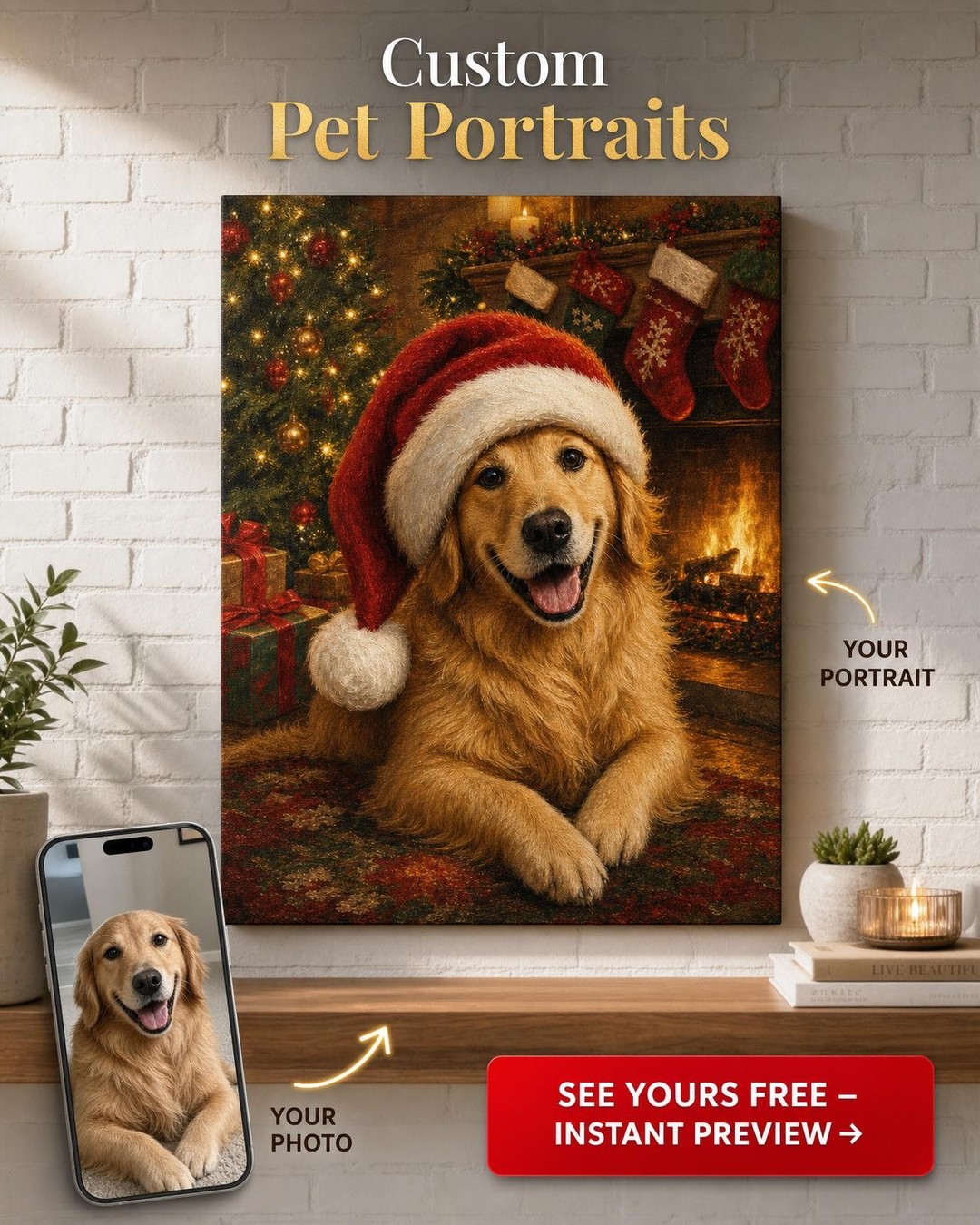 Custom Christmas Pet Portrait — Golden Retriever Santa Canvas from Photo