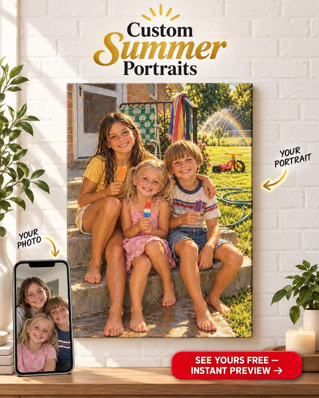 Popsicles on the Back Steps Siblings Custom Portrait from Old Photo | Personalized Gift for Siblings