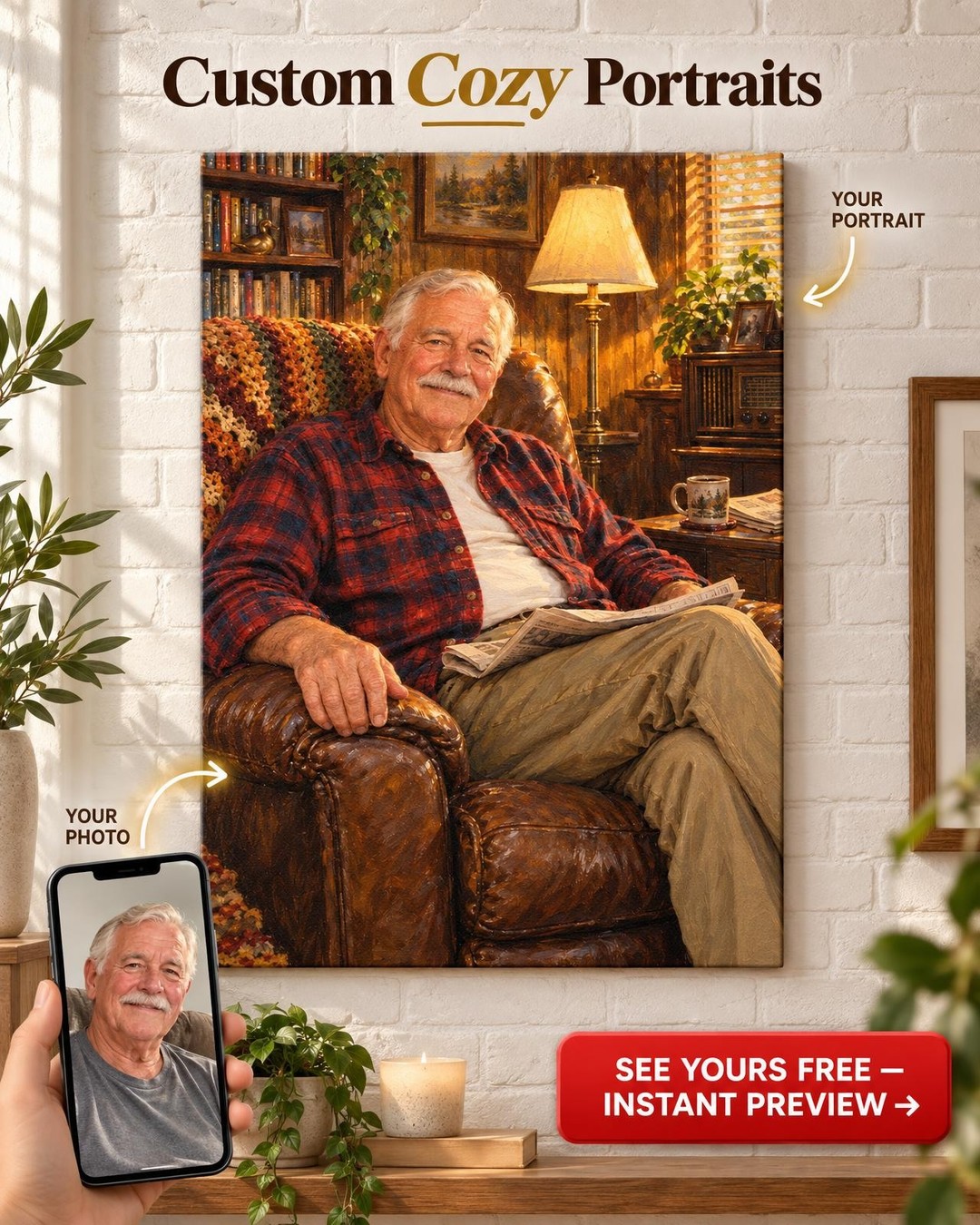 Back in His Chair Custom Portrait from Photo | Personalized Loving Memory Gift