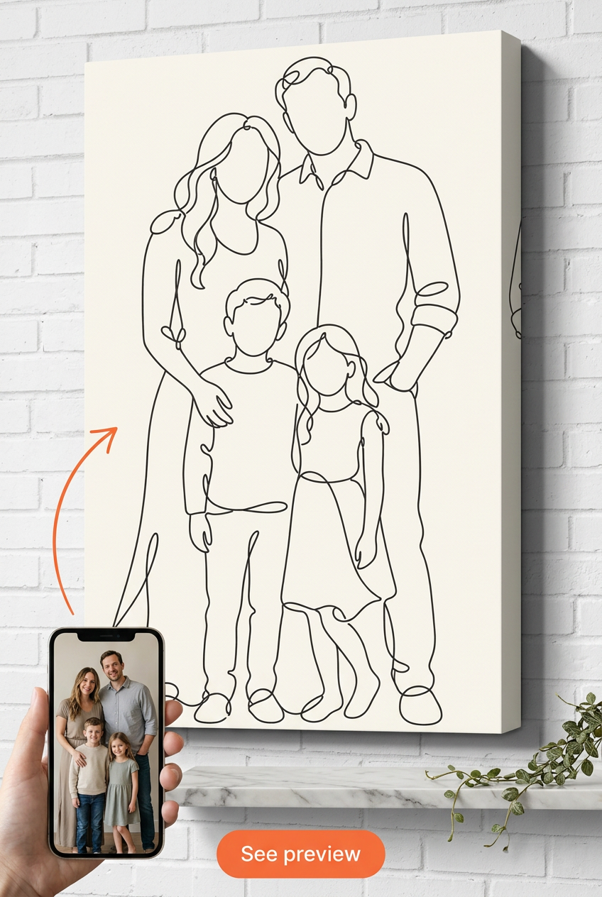 Custom Family Line Drawing Portrait — Serene Minimalist Canvas