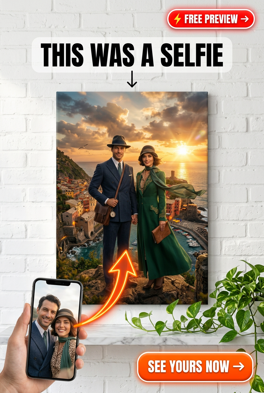 Custom Victorian Couple Portrait Canvas — Romantic Cityscape from Photo