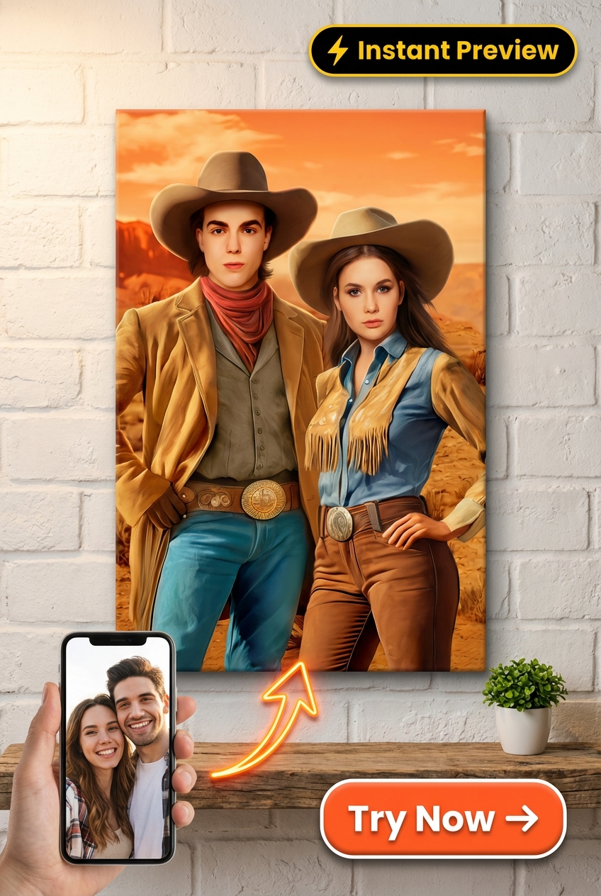 Western Custom Portrait from Photo | Personalized Gift for Couples