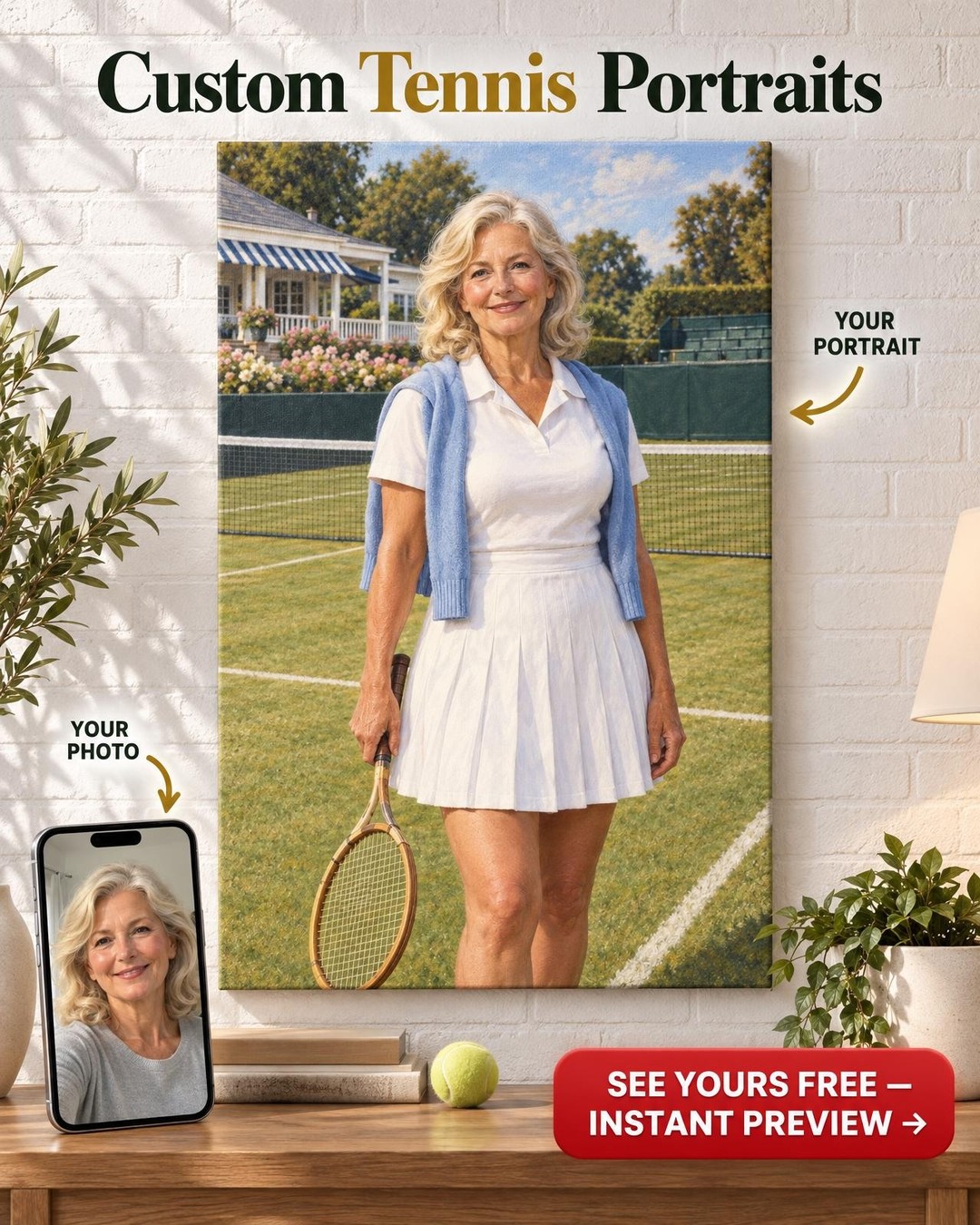 Classic Tennis Club Champion Custom Portrait from Photo | Personalized Tennis Portrait Gift