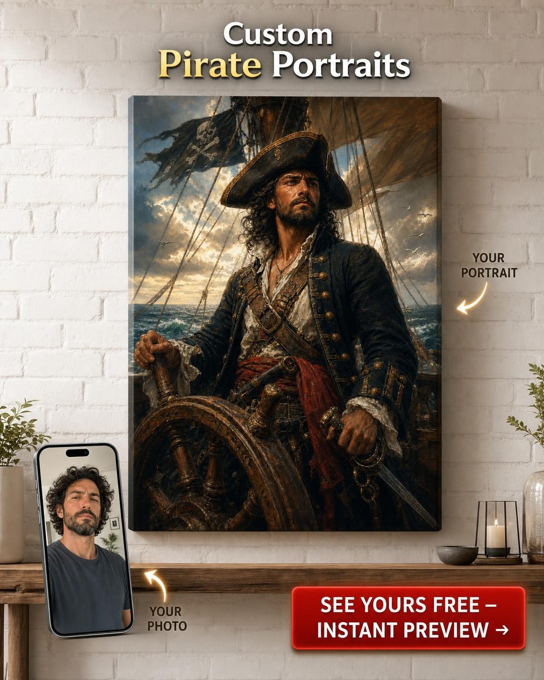 Pirate Captain Custom Portrait from Photo | Personalized Gift for Him