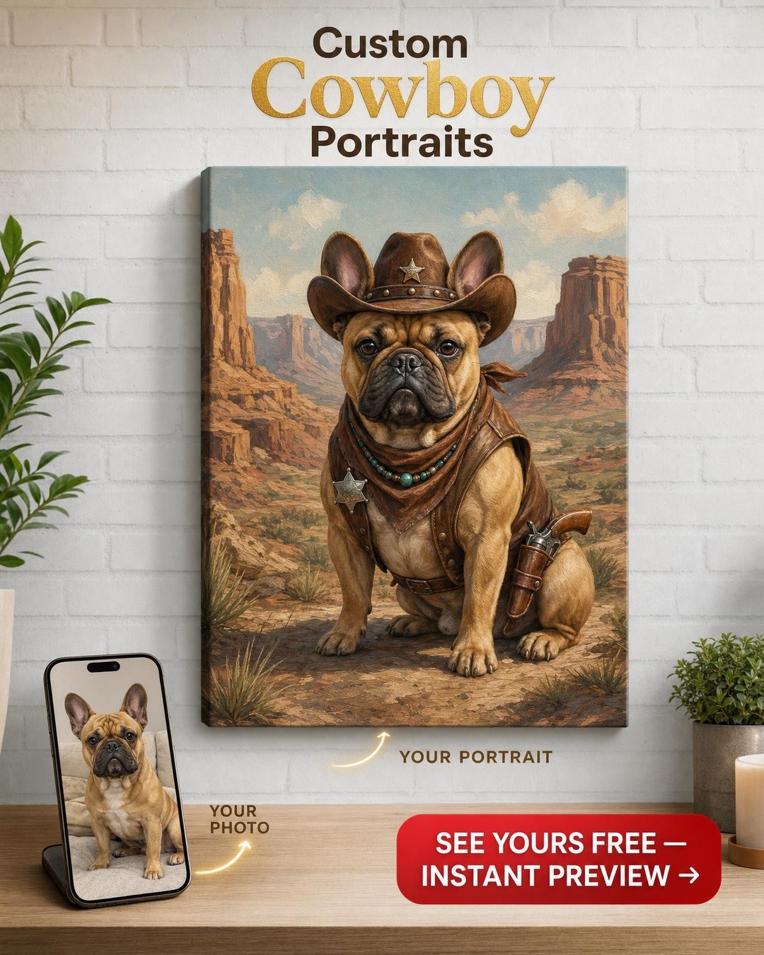 Custom Cowboy Dog Portrait — Whimsical Pet Canvas Art