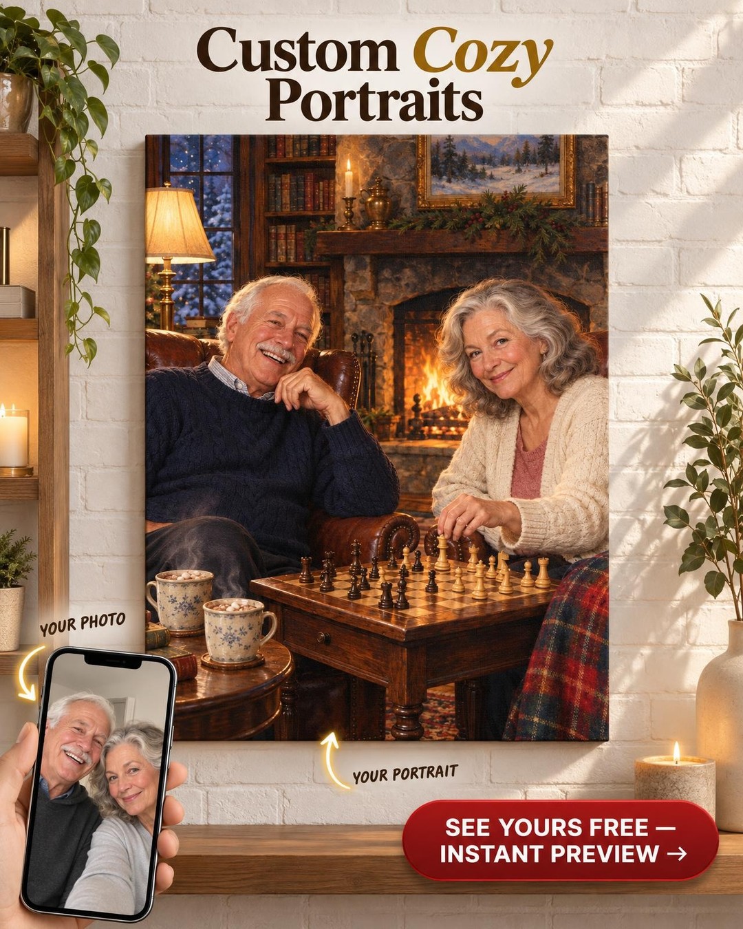 Chess by the Fire Custom Portrait from Photo | Personalized Game Night Gift