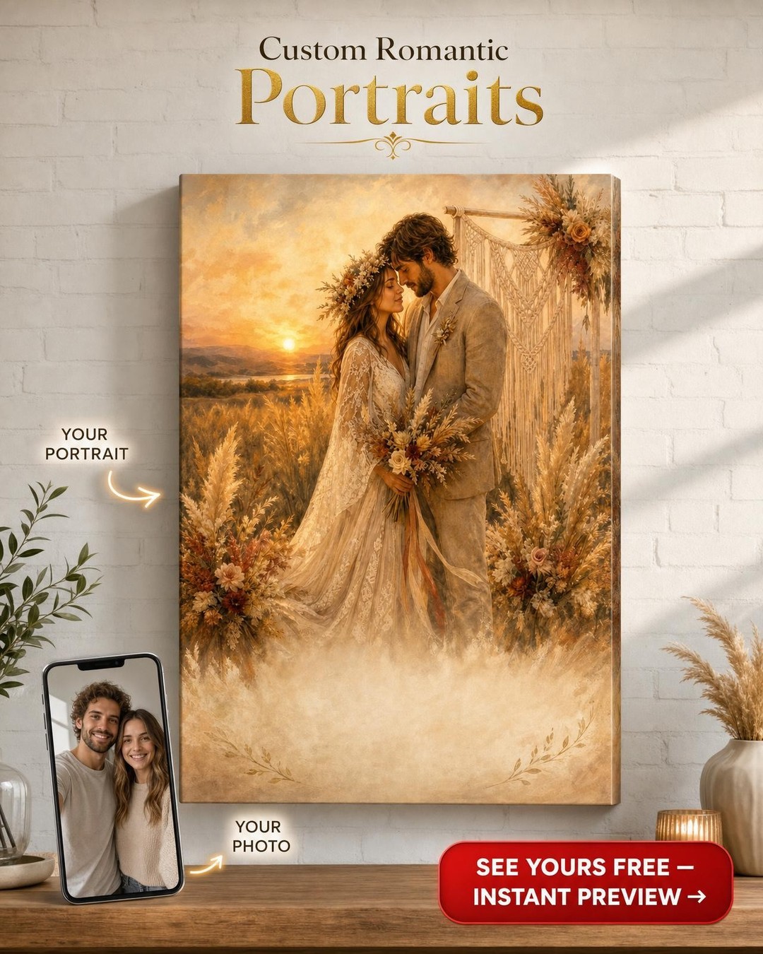 Bohemian Wedding Canvas Portrait Gift