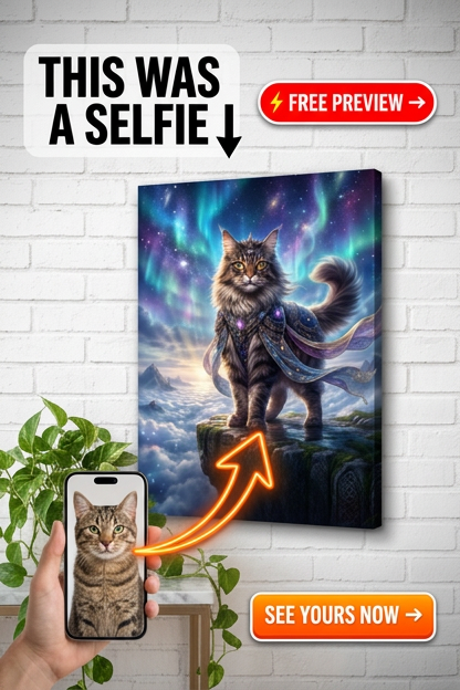 Custom Fantasy Pet Cat Portrait — Whimsical Aurora Canvas
