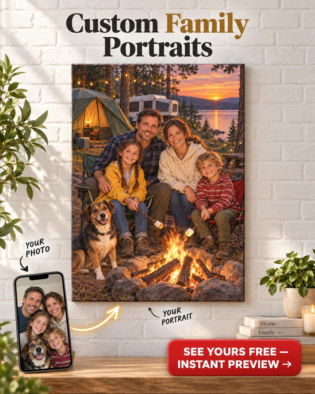Family Campfire Camping Custom Portrait from Photo | Personalized Camping Portrait Gift