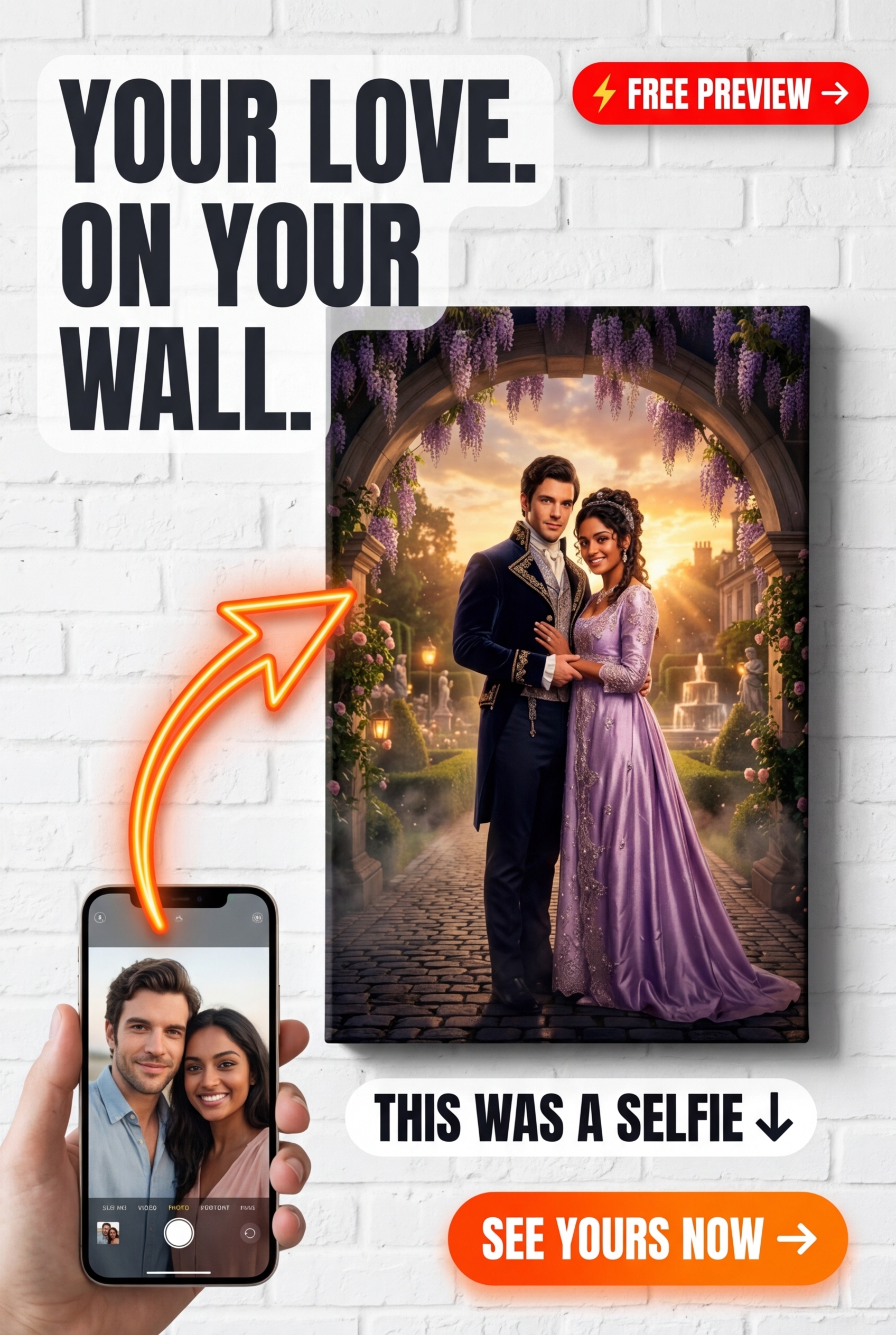 Custom Royal Couple Portrait — Romantic Castle Canvas from Photo