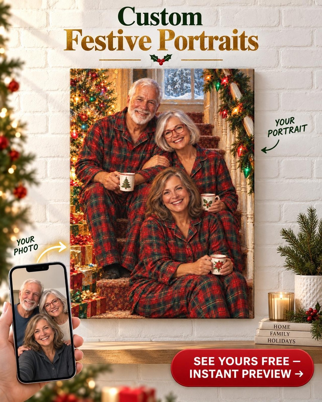 Still in Matching Pajamas Grown Siblings Christmas Custom Portrait from Photos | Personalized Gift for Brothers and Sisters
