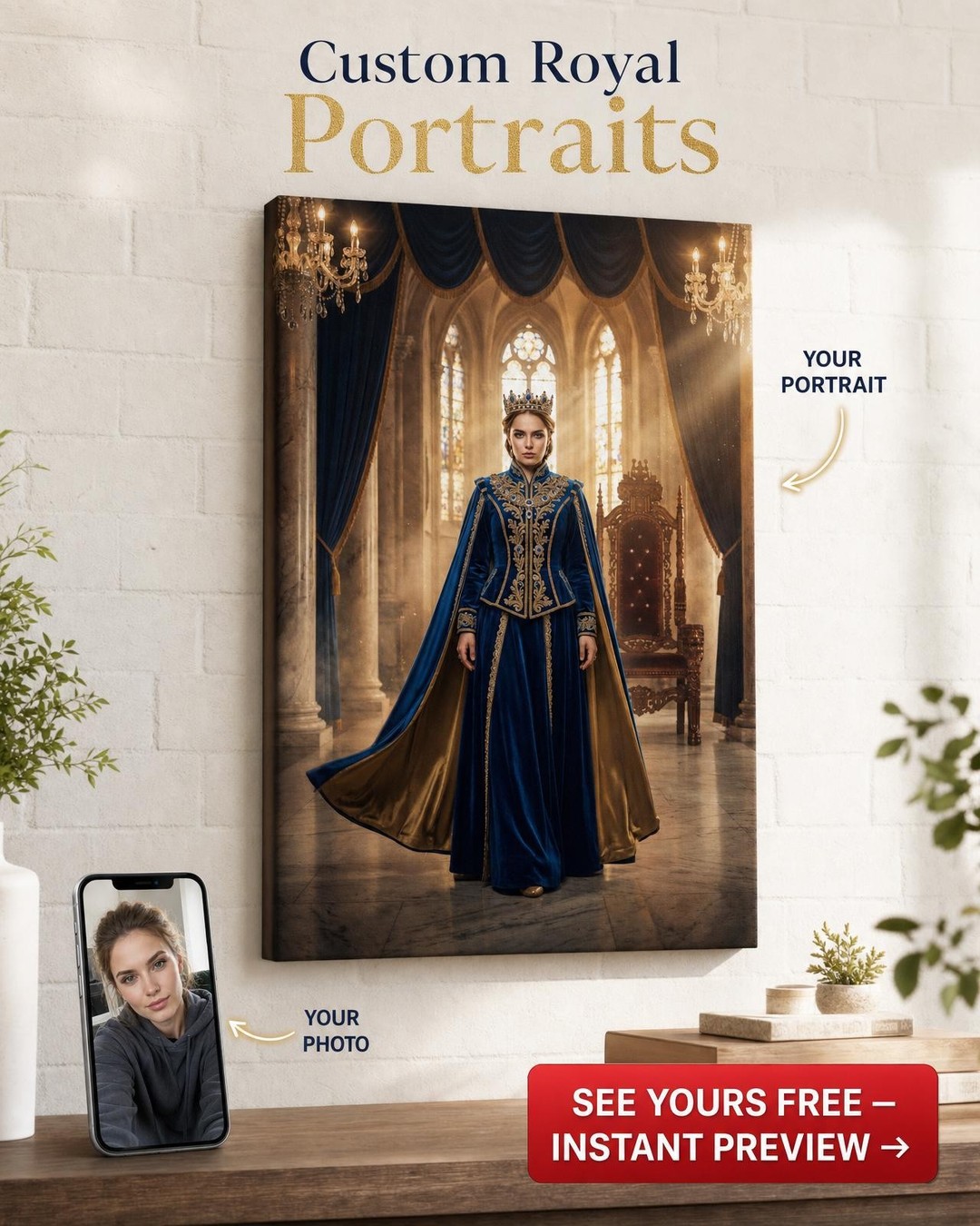 Custom Royal Woman Portrait — Regal Throne Canvas from Photo