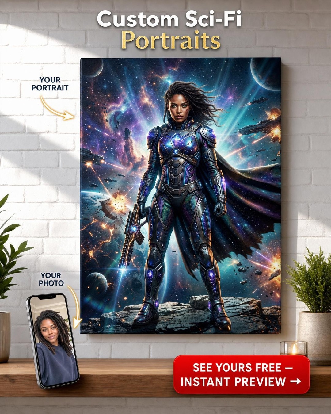 Custom Sci-Fi Portrait for Him — Heroic Armor Canvas from Photo