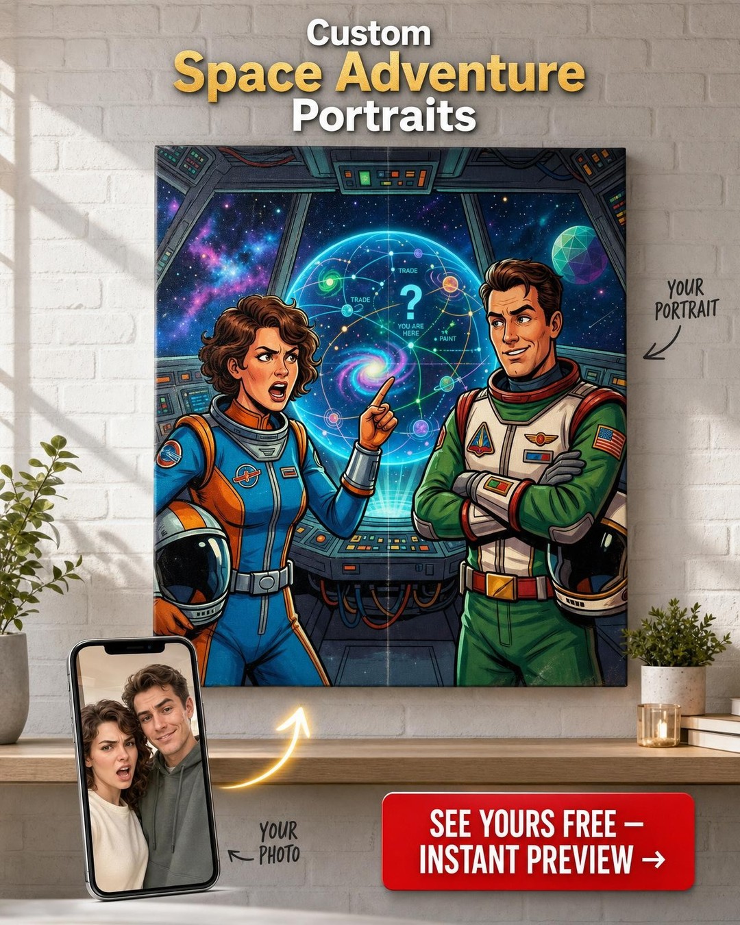 Custom Sci-Fi Couple Portrait — Whimsical Galaxy Canvas